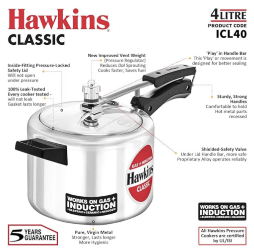 Hawkins 4 Litre Classic Pressure Cooker, Induction Inner Lid Cooker, Pan Cooker, Best Cooker, Silver (ICL40, Aluminium) - Image 3